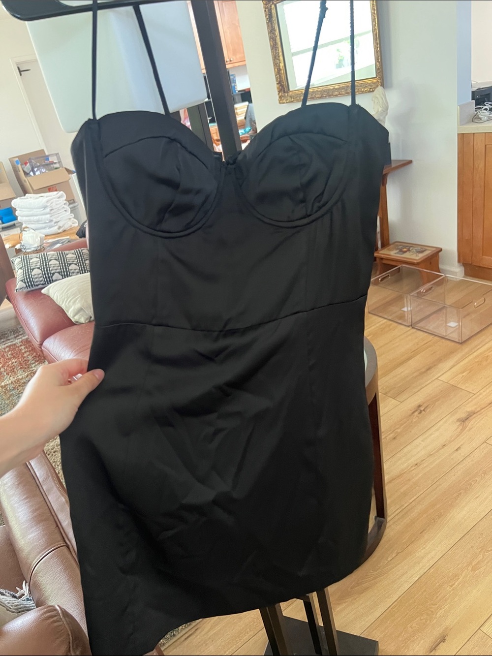 Strapless Black Bustier Mini Dress with Thin Straps